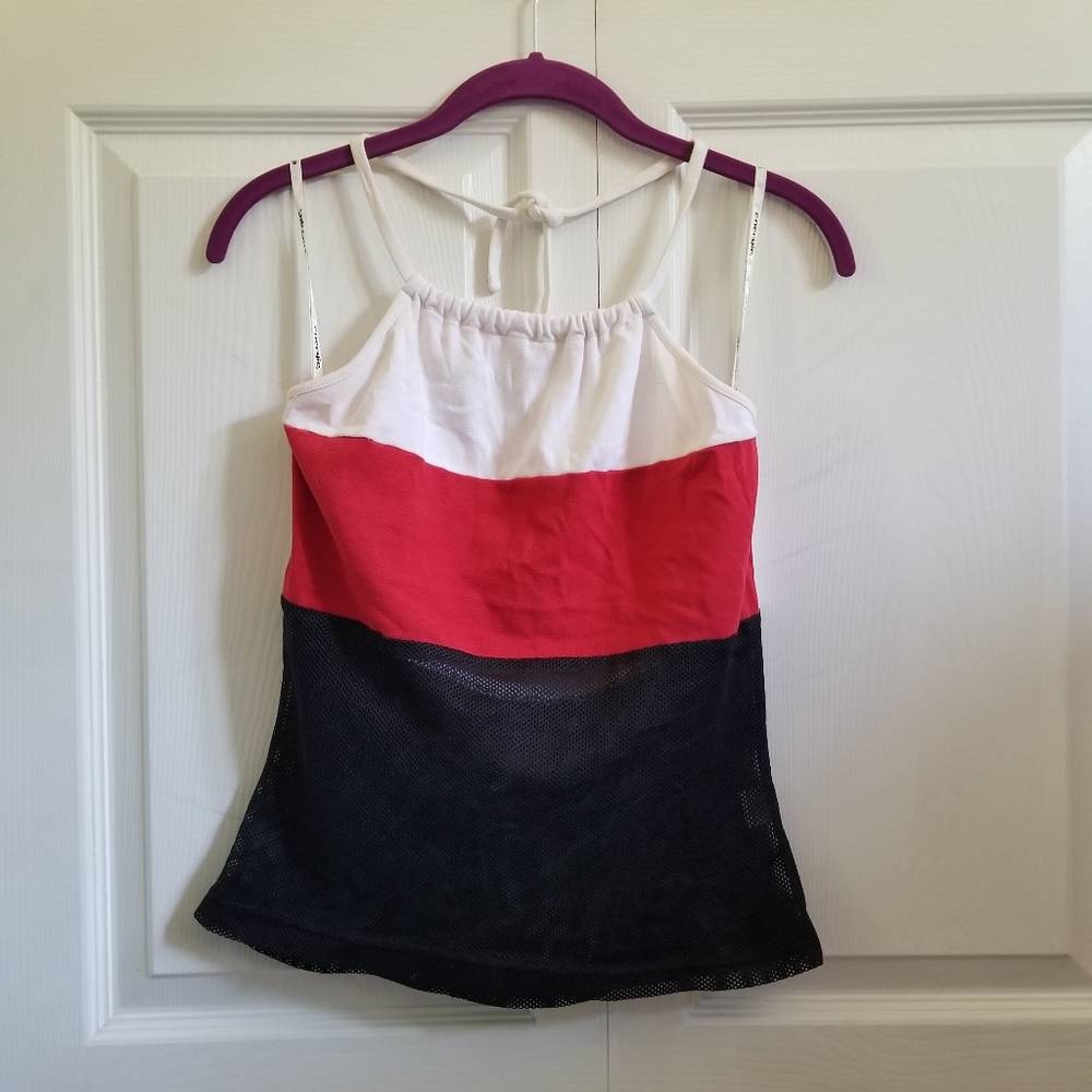 Vintage/Y2K Energie Women's Halter Top Large White Red Black Mesh Stripes